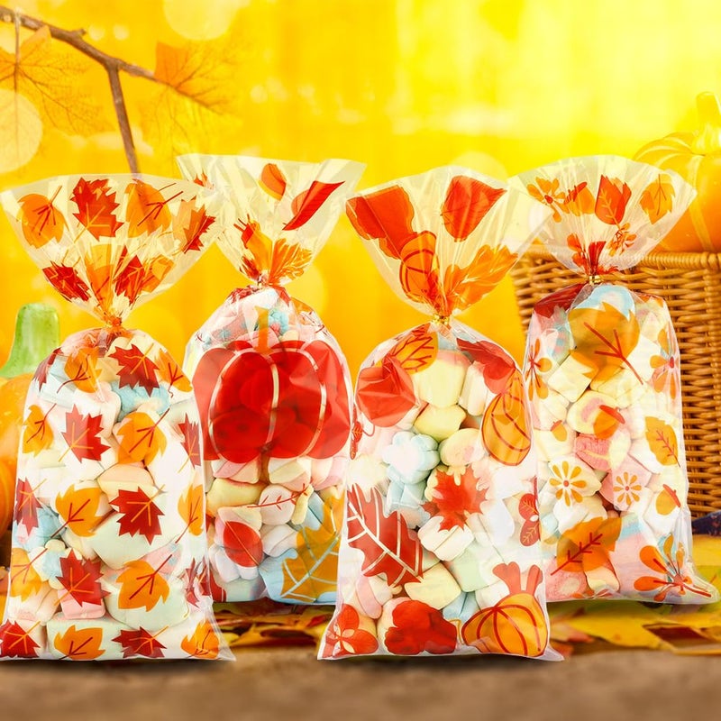 BOEIAC Thanksgiving Treat Bags 100 Pcs Thanksgiving Fall Cellophane Treat Bags  Plastic Autumn Maple Leaves Pumpkin Candy Goodie Bags with Twist Ties for Thanksgiving Fall Theme Party Favor - Image 3